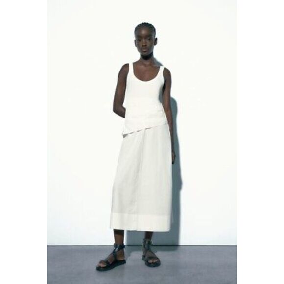 White Zara Mixed Media Ribbed Cotton Round Neck Sleeveless Tank Midi Dress (NWT) - Picture 1 of 7